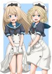  2girls black_shirt blonde_hair blue_background blue_eyes blue_sailor_collar border commentary_request cowboy_shot dress dress_lift gloves hat highres janus_(kantai_collection) jervis_(kantai_collection) kantai_collection lifted_by_self long_hair looking_at_viewer multiple_girls open_mouth sailor_collar sailor_dress sailor_hat shirt short_hair short_sleeves standing t2r two-tone_background white_border white_dress white_gloves white_headwear 