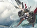  1girl bare_shoulders black_hair black_skirt boots brown_footwear clenched_hands dated detached_sleeves gegeron headgear highres kantai_collection kirishima_(kantai_collection) nontraditional_miko pleated_skirt punching short_hair skirt solo thigh_boots thighhighs twitter_username 