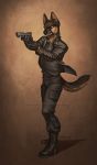  2014 5_fingers anthro brown_eyes canid canine canis clothed clothing digital_media_(artwork) domestic_dog fingers german_shepherd herding_dog hi_res holding_gun holding_object holding_weapon katie_hofgard male mammal pastoral_dog solo weapon 