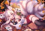  1girl animal_ear_fluff animal_ears autumn autumn_leaves black_legwear cat commentary_request dango falling_leaves food fox_ears fox_girl fox_mask fox_tail holding holding_food leaf long_hair lying maneki-neko maple_leaf mask mask_removed midriff multiple_tails nature navel off_shoulder on_side original outdoors pleated_skirt red_eyes red_skirt silver_hair skewer skirt solo statue tail thigh_strap thighhighs tomoe_(symbol) tree usagihime wagashi 
