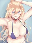  1girl armpits arms_up bangs bare_shoulders bikini blonde_hair blue_bikini blue_eyes blush breasts choker cleavage commentary_request eyebrows_visible_through_hair eyelashes hair_between_eyes highres kantai_collection large_breasts lips long_hair looking_at_viewer mole mole_on_breast mole_under_eye mole_under_mouth navel parted_lips ponytail richelieu_(kantai_collection) shingyo simple_background skindentation smile solo string_bikini swimsuit wavy_hair 
