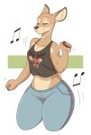  2019 5_fingers anthro bottomwear cervid clothed clothing dancing digital_media_(artwork) female fingers fur hi_res jeans mammal music pants simple_background slightlysimian smile solo standing thick_thighs topwear wide_hips 