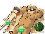  2019 41raco 4:3 anthro belly brown_fur censored clothing duo eyewear food fruit fur hat headgear headwear hi_res human japanese_text lying male mammal melon moobs navel nipples overweight overweight_male plant straw_hat sunglasses text tokyo_afterschool_summoners ursid video_games volos watermelon 