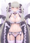  1girl azur_lane bare_shoulders between_breasts black_bra black_choker black_nails blush bra breasts choker cleavage commentary_request cowboy_shot crystal_shoujo dress eyebrows_visible_through_hair flight_deck floral_background formidable_(azur_lane) frilled_bra frilled_dress frills garter_belt gradient gradient_background grey_hair groin hands_up highres large_breasts long_hair nail_polish navel panties red_eyes shiny shiny_skin skirt_hold thighhighs twintails two-tone_dress two-tone_ribbon underwear very_long_hair white_choker white_legwear white_panties 