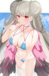  1girl ahoge azur_lane bangs bikini blue_bikini blush braid breasts choker cleavage commentary_request double_bun eyebrows_visible_through_hair formidable_(azur_lane) formidable_(the_lady_of_the_beach)_(azur_lane) highres large_breasts long_hair looking_at_viewer navel red_eyes ribbon single_thighhigh solo swimsuit thighhighs very_long_hair yuuko_(030_yuko) 