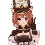  1girl animal_ear_fluff animal_ears black_gloves breasts brown_hair cape cleavage_cutout closed_mouth gloves goggles goggles_on_headwear hat highres large_breasts looking_at_viewer nijisanji orange_eyes puffy_short_sleeves puffy_sleeves ratna_petit red_panda_ears shimaji_noma short_sleeves smile solo transparent_background upper_body virtual_youtuber w 