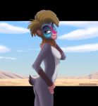  2019 anthro anthrofied breasts brown_hair butt detailed_background disney erect_nipples female fur hair half-closed_eyes haplorhine hi_res humanoid_hands letterbox looking_at_viewer makini mammal mandrill monkey multicolored_fur nipples nude old_world_monkey outside pose primate quarko-muon side_boob side_view slim small_breasts smile solo standing the_lion_guard the_lion_king 