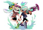  1boy 1girl blue_eyes brown_eyes bucket cap duo female gun hair hat holding_hands holding_weapon ink inkling inkling_boy inkling_girl looking_at_another male nintendo one_eye_closed shirt shoe_store_hard_to_wear shoes shorts smile spats splatoon splatoon_(series) sunglasses sunglasses_on_head teeth tentacle_hair tied_hair wristband 