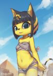  2019 4_fingers animal_crossing ankha_(animal_crossing) anthro bandage black_nose blue_eyes blue_fur blue_hair breasts clothing cloud cub domestic_cat echa4797 egyptian felid feline felis female fingers fur hair headgear headwear hi_res looking_at_viewer mammal navel nintendo open_mouth open_smile outside pyramid sky small_breasts smile solo standing striped_tail stripes teeth video_games yellow_fur young 