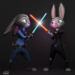  1:1 2019 3d_(artwork) anthro black_background black_clothing bodysuit claws clothing digital_media_(artwork) disney duo eyebrows eyelashes female female/female fight fingers fur grey_fur handwear hi_res holding_object holding_weapon jedi judy_hopps lagomorph leporid lightsaber long_ears mammal melo multicolored_ears multicolored_fur open_mouth pink_nose police_badge police_uniform purple_eyes rabbit simple_background sith skinsuit square_crossover standing star_wars teeth tight_clothing toe_claws toeless_legwear toes uniform weapon white_fur zootopia 