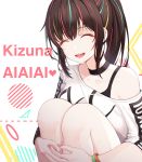  1girl a.i._channel absurdres aiaiai bangs bare_shoulders black_choker black_shirt blush breasts brown_hair character_name choker closed_eyes collarbone eyebrows_visible_through_hair facing_viewer hair_between_eyes hairband highres kizuna_ai long_hair multicolored_hair open_mouth pink_hair pink_hairband pink_nails shirt smile soli_(pouiliuoq_soli) solo streaked_hair virtual_youtuber white_shirt 