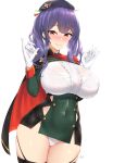 1girl areolae arms_up azur_lane bangs black_legwear blush bra_through_clothes breasts breath cameltoe cape covered_navel cowboy_shot dress eyebrows_visible_through_hair gloves hair_over_shoulder hat highres italian_flag kuavera large_breasts long_sleeves looking_at_viewer micro_panties nose_blush ok_sign panties pola_(azur_lane) purple_hair red_eyes revealing_clothes skin_tight skindentation smile solo taut_clothes taut_dress thighhighs twintails underwear white_gloves white_panties 
