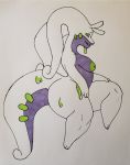  2019 absurd_res antennae_(anatomy) anthro big_breasts big_butt bodily_fluids breasts butt dragon female foxx.dott goodra green_eyes hi_res looking_at_viewer nintendo nipples nude pok&eacute;mon pok&eacute;mon_(species) simple_background slime smile solo thick_thighs traditional_media_(artwork) video_games 
