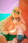  2019 absurd_res anthro band-aid bandage beach biped bottomwear brown_hair bulge chest_tuft clothed clothing detailed_background duo eyes_closed eyewear fur glasses hair heylaw21 hi_res human male male/male mammal open_shirt protagonist_(tas) sand sea seaside sunset tokyo_afterschool_summoners topwear tuft twink_protagonist_(tas) ursid video_games volos water 