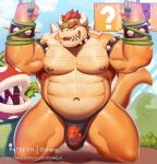  2019 ?_block abs anthro biceps bodily_fluids bowser bracelet bulge clothed clothing collar dsharp_k duo flora_fauna hair horn jewelry kneeling koopa looking_at_viewer male mario_bros musclegut muscular muscular_male nintendo nipples pecs piranha_plant plant red_hair scalie shell solo_focus spiked_armband spiked_bracelet spiked_shell spikes sweat topless underwear video_games 