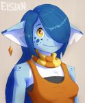  aljina anthro blue_fur blue_hair breasts claws clothed clothing dragon ear_piercing elsian female freckles fur furred_dragon hair hair_over_eye long_hair looking_at_viewer non-mammal_breasts piercing simple_background smile solo watermark yellow_eyes 