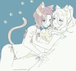  2girls animal_ear_fluff animal_ears ass bed_sheet blonde_hair blue_background bra braid breasts brown_bra brown_hair brown_panties cat_cutout cat_ears cat_girl cat_lingerie cat_tail christina_morgan cleavage_cutout dutch_angle frilled_bra frills girl_on_top high_ponytail highres ichiren_namiro kemonomimi_mode lying medium_breasts meme_attire multiple_girls on_back on_stomach panties paw_background ponytail princess_connect! princess_connect!_re:dive shirogane_jun side-tie_panties sidelocks simple_background sketch small_breasts tail tail_raised underwear yuri 