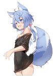  1girl :d absurdres ahoge animal_ear_fluff animal_ears bare_shoulders black_shirt blue_eyes blue_hair bottomless covered_navel cropped_legs fang fox_ears fox_girl fox_tail fuku_kitsune_(fuku_fox) hair_ornament highres long_hair low_twintails off-shoulder_shirt off_shoulder open_mouth shironeko_project shirt short_sleeves smile solo tail thick_eyebrows twintails 