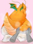  2019 blush bodily_fluids breath clothed clothing digital_media_(artwork) disembodied_hand dragon dragonite duo feet feral foot_focus huff legwear looking_at_viewer looking_back nintendo pink_background pok&eacute;mon pok&eacute;mon_(species) scales scalie simple_background solo_focus standing sweat sweatdrop thick_thighs thigh_highs video_games wearing wide_hips wings yellow_scales yellow_skin 隔離 