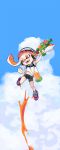  belly blush cloud eyebrows female female_focus female_only hair_ornament headphones highres in_air ink ink_tank_(splatoon) inkling inkling_girl japanese_text navel nintendo open_mouth orange_eyes orange_hair sharp_teeth shirt shoe_store_hard_to_wear shoes shorts sky solo solo_focus spats splatoon splatoon_(series) splattershot_(splatoon) teeth tentacle_hair 
