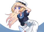  1girl blonde_hair blue_eyes blue_sailor_collar commentary_request dress gloves hat jervis_(kantai_collection) kantai_collection long_hair mogamiya_honu open_mouth sailor_collar sailor_dress sailor_hat shading_eyes short_sleeves solo two-tone_background white_background white_dress white_gloves white_headwear 