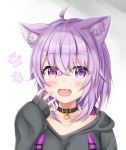 1girl :3 :d absurdres ahoge animal_ears bangs black_collar black_hoodie blush cat_ears collar collarbone commentary_request eyebrows_visible_through_hair fang hair_between_eyes hand_up highres hololive hood hood_down hoodie long_sleeves looking_at_viewer namekuji_ojiichan nekomata_okayu open_mouth paw_background puffy_long_sleeves puffy_sleeves purple_eyes purple_hair sleeves_past_wrists smile solo virtual_youtuber white_background 