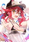  1girl :d animal_ears arm_up armpits bare_shoulders baseball_cap blurry breasts cleavage collar ears_through_headwear fang fuku_kitsune_(fuku_fox) hair_ornament hand_on_headwear hat highres long_hair looking_at_viewer low_twintails medium_breasts multicolored_hair off_shoulder open_mouth orange_eyes orange_hair purple_hair red_hair see-through shironeko_project shirt sidelocks smile solo streaked_hair twintails upper_body wet 