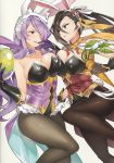  2girls alternate_costume animal_ear_fluff animal_ears bare_shoulders black_gloves breast_press breasts brown_eyes brown_hair bunny_ears bunnysuit camilla_(fire_emblem) carrot choker cleavage collarbone easter_egg egg eye_contact fake_animal_ears fake_tail fire_emblem fire_emblem_fates fire_emblem_heroes flower gebyy-terar gloves hair_flower hair_ornament hair_over_one_eye highres holding kagero_(fire_emblem) large_breasts leotard long_hair looking_at_another multiple_girls open_mouth pantyhose purple_eyes purple_hair simple_background tail very_long_hair white_background 