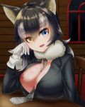  1girl animal_ears between_breasts black_hair blue_eyes blush breast_pocket breast_rest breasts breasts_outside cleavage commentary commentary_request eyebrows_visible_through_hair fur_collar gloves graphite_(medium) grey_wolf_(kemono_friends) heterochromia highres indoors kemono_friends large_breasts long_hair looking_at_viewer mechanical_pencil multicolored_hair necktie necktie_between_breasts nipple_slip nipples no_bra one_breast_out open_mouth pencil pocket solo towohuya traditional_media two-tone_hair white_gloves white_hair wolf_ears wolf_girl yellow_eyes 