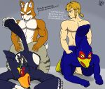  2019 anthro avian beak bird blonde_hair blush breath_of_the_wild canid canine falco_lombardi feathers fox fox_mccloud fur hair hi_res humanoid humanoid_pointy_ears hylian link male male/male male_penetrated male_penetrating male_penetrating_male mammal muscular nintendo nude pecs penetration pizzaozzy_(artist) revali rito sex smile star_fox the_legend_of_zelda video_games 