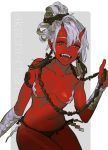  1girl :d bandaged_arm bandages black_panties breasts covered_nipples fangs grey_hair hair_between_eyes horns jewelry looking_at_viewer muni_(fdrk) navel necklace oni open_mouth orange_eyes original panties ponytail red_skin smile solo teeth tongue topless underwear 