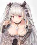  1girl azur_lane bangs bare_shoulders between_breasts black_dress black_nails blush breasts cleavage dress earrings eyebrows_visible_through_hair formidable_(azur_lane) frilled_dress frills grey_background grey_hair hair_ribbon highres jewelry large_breasts leaning_forward long_hair long_sleeves looking_at_viewer ni_mochi open_mouth red_eyes ribbon solo twintails two-tone_dress very_long_hair white_background 