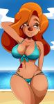  2019 absurd_res anthro beach beauty_mark big_breasts bikini breasts brown_nose butt_from_the_front canid canine canis cleavage clothed clothing cloud detailed_background disney domestic_dog ear_piercing eyelashes female goof_troop hair half-closed_eyes hand_behind_head hi_res long_hair mammal midriff navel orange_hair outside piercing pose roxanne_(goof_troop) sand seaside sky smile solo sonson-sensei standing swimwear tattoo thick_thighs thigh_gap water 