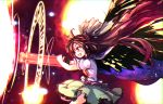  1girl arm_cannon black_wings blush bow brown_hair cape control_rod explosion feathered_wings firing frilled_skirt frills from_side green_skirt hair_bow isu_(is88) long_hair magic_circle open_mouth red_eyes reiuji_utsuho shirt short_sleeves skirt solo starry_sky_print touhou weapon white_shirt wings 