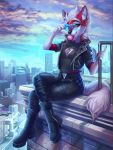  5_fingers anthro boots bubble_gum building canid canine city clothed clothing day detailed_background fingers footwear hair jacket male mammal outside sitting sky solo sorafoxyteils topwear white_hair 