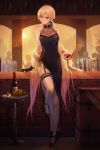  1girl alcohol bare_arms bare_legs bare_shoulders black_dress blonde_hair bottle bucket china_dress chinese_clothes cocktail_dress counter cup dress drinking_glass feather_boa flower food fruit full_body garter_straps girls_frontline gloves grapes high_heels highres jewelry leg_garter long_dress long_hair looking_at_viewer luggage niac ots-14_(girls_frontline) pearl_(gemstone) ribbon ring silhouette single_glove sleeveless sleeveless_dress smile wine wine_bottle wine_glass yellow_eyes 