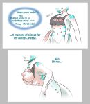  blue_hair bottomless breasts chimera clothed clothing comic dialogue dragon female hair human hybrid mammal markings multi_arm multi_breast multi_limb multi_nipple nipples pussy scales simple_background solo strawberrytfs torn_clothing transformation white_background white_scales 