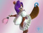  2019 3d_(artwork) beaver big_breasts bow breasts buckteeth clothing digital_media_(artwork) feather_duster female furgonomics furry-specific_piercing gradient_background green_eyes hair hi_res invalid_tag maid_uniform mammal piercing purple_hair rodent simple_background solo sorok17 tail_piercing teeth uniform vicky_ascot 