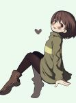  1other androgynous brown_hair chara_(undertale) closed_mouth commentary_request legs looking_at_viewer no_pants oshiruko_(tsume) pantyhose red_eyes shirt short_hair smile solo striped striped_shirt striped_sweater sweater undertale 