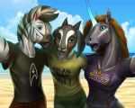  5:4 beach black_sclera blue_eyes blue_sun bovid braided_hair brown_hair caprine clothing equid equine female friends goat green_eyes group hair hi_res horn hug kaeldu mammal quillu quillu_(character) seaside selfie star_trek star_wars unicorn zebra 