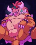  2019 anthro anus balls better_version_at_source black_sclera bowser bracelet collar erection hair hi_res horn humanoid_penis jewelry koopa looking_at_viewer male mario_bros nintendo penis red_hair scalie shell solo spiked_armband spiked_bracelet spiked_shell spikes toomuchdynamite video_games 