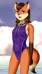  2019 absurd_res anthro beauty_mole brown_eyes brown_fur brown_hair buffbumblebee bulge canid canine clothed clothing cloud crossdressing day detailed_background digital_media_(artwork) eyelashes eyewear fingers fox fur girly goggles hair hi_res lipstick looking_at_viewer makeup male mammal multicolored_fur navel one-piece_swimsuit open_mouth orange_fur outside sea short_hair sky smile solo sport_swimsuit standing swimming_goggles swimwear teeth tongue water 