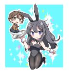  1boy 1girl :d absurdres animal_ears azusagawa_sakuta bangs bare_shoulders between_legs black_footwear black_hair black_hairband black_legwear black_leotard black_neckwear blue_background blue_pants blush bow bowtie breasts brown_eyes brown_hair brown_jacket brown_legwear bunny_ears bunny_girl bunny_hair_ornament bunny_tail bunnysuit chibi closed_mouth collar collared_shirt commentary_request detached_collar eyebrows_visible_through_hair fake_animal_ears full_body hair_between_eyes hair_ornament hairband hairclip hand_between_legs high_heels highres holding holding_tray jacket jako_(jakoo21) leotard long_hair looking_at_viewer medium_breasts necktie open_mouth outline pants pantyhose plate purple_eyes red_neckwear sakurajima_mai seishun_buta_yarou shirt shoes smile socks sparkle_background strapless strapless_leotard tail tray two-tone_background very_long_hair white_background white_collar white_outline white_shirt wrist_cuffs 