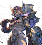  armor axe battle_axe bikini_armor blue_eyes breasts dragon_quest dragon_quest_iii gloves helmet holding holding_axe holding_weapon kisuu large_breasts looking_at_viewer midriff muscle muscular_female navel over_shoulder purple_hair red_armor shield soldier_(dq3) warrior weapon weapon_over_shoulder winged_helmet 