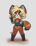  2019 4_toes 5_fingers ailurid anthro black_fur blonde_hair blue_eyes bottomless breasts chibi cleavage clothed clothing female feretta feretta_(character) fingers fur gesture hair mammal middle_finger orange_fur pussy red_panda shirt simple_background solo tan_fur tank_top toes topwear white_fur 