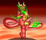  2019 anthro balls better_version_at_source big_balls claws digital_media_(artwork) dragon erection glowing glowing_eyes green_eyes hi_res horn lava looking_at_viewer male nude penis red_scales scales scalie simple_background smile solo stein thick_thighs wide_hips wingedwilly 