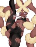  anthro black_sclera blush breasts brown_fur camel_toe clothing female fur hi_res lagomorph mammal mega_evolution mega_lopunny mega_stone nintendo pok&eacute;mon pok&eacute;mon_(species) simple_background solo spread_legs spreading video_games vonnir 