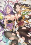 2girls alternate_costume animal_ear_fluff animal_ears bare_shoulders black_gloves blush breast_press breasts brown_eyes brown_hair bunny_ears bunny_tail bunnysuit camilla_(fire_emblem) carrot choker cleavage collarbone easter_egg egg exploding_clothes eye_contact fake_animal_ears fake_tail fire_emblem fire_emblem_fates fire_emblem_heroes flower gebyy-terar gloves hair_flower hair_ornament hair_over_one_eye highres holding kagero_(fire_emblem) large_breasts leotard long_hair looking_at_another multiple_girls nipples open_mouth pantyhose ponytail purple_eyes purple_hair simple_background tail torn_clothes torn_legwear very_long_hair white_background 