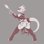  armwear breasts bridal_gauntlets butt clothing female grey_background hi_res kobold legwear leska loincloth melee_weapon non-mammal_breasts polearm scalie serpentine-drifter simple_background solo spear stockings weapon 