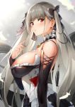  1girl :o absurdres azur_lane bangs bare_shoulders black_dress blush breasts dress earrings eyebrows_visible_through_hair feathers flight_deck formidable_(azur_lane) frilled_dress frills from_side grey_hair hair_ribbon highres jewelry large_breasts long_hair long_sleeves looking_at_viewer maeshimashi red_eyes ribbon rigging solo twintails two-tone_dress two-tone_ribbon upper_body very_long_hair 